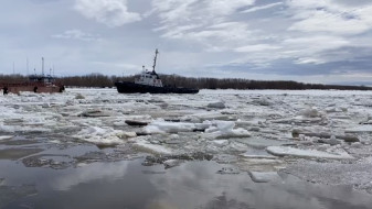 В районе переправы примерно в километре от салехардского берега первые подвижки льда